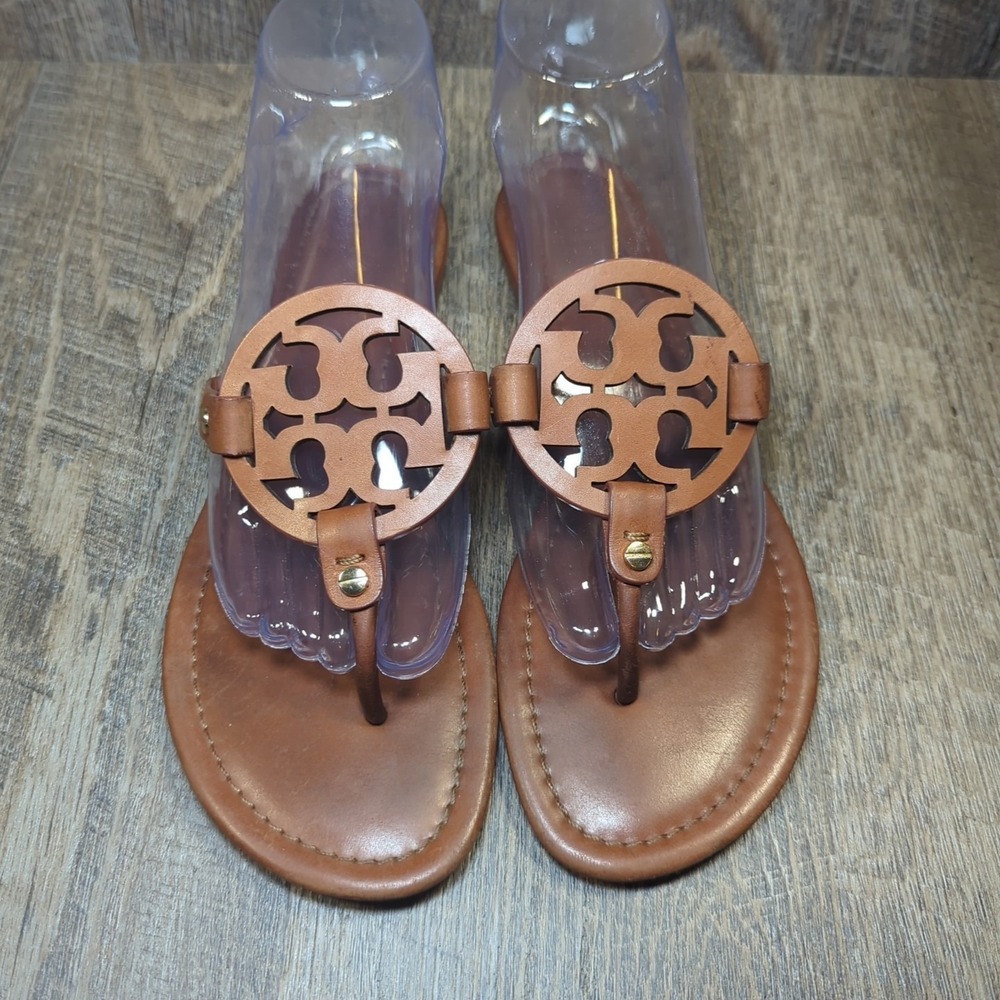 Tory Burch Miller Sandals Vintage Vachetta Tan Leather Medallion Logo Size 9 - Picture 6 of 14
